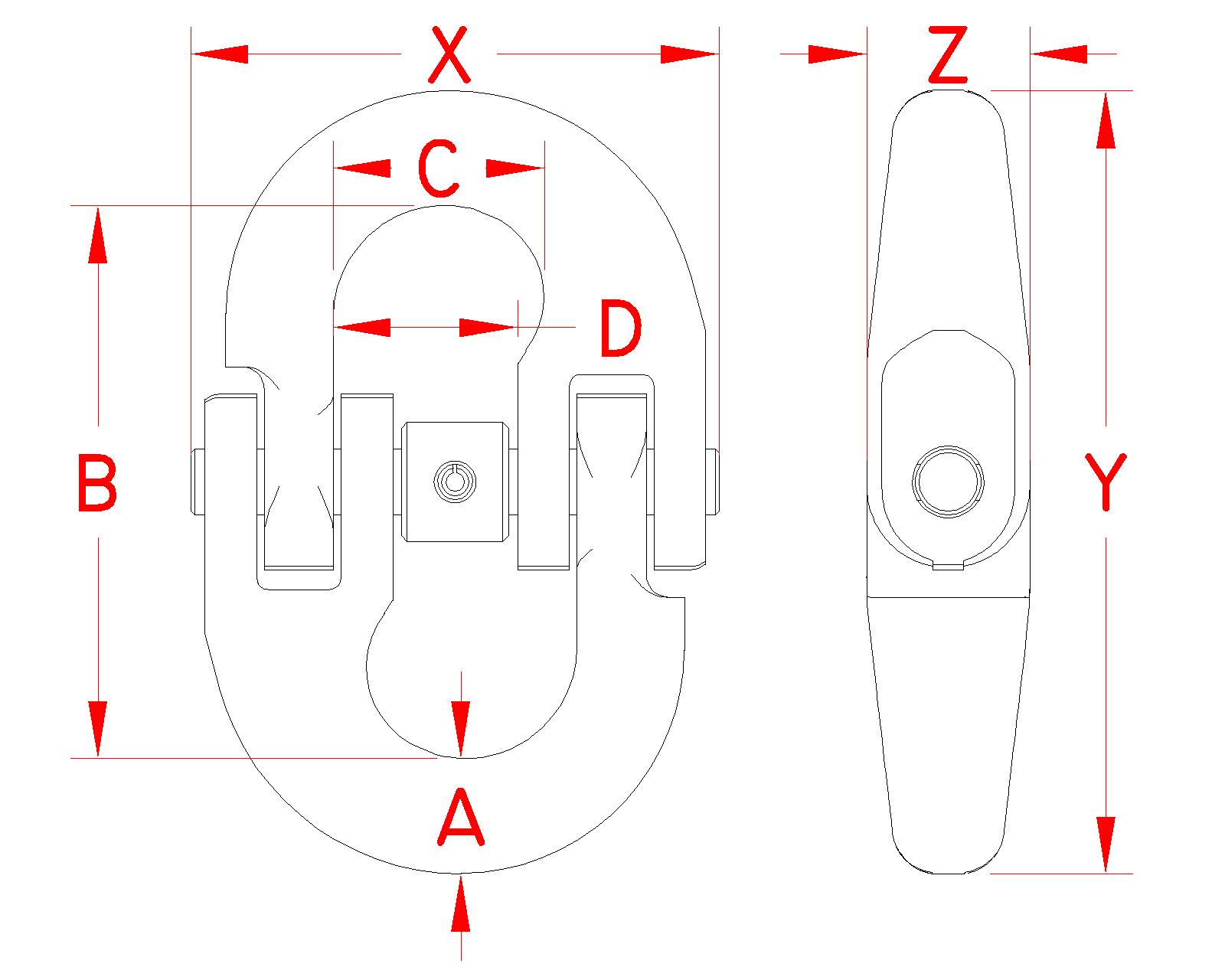Stainless Steel Hammerlock Link, drop forged and load rated, S0655-0005, S0655-0007, S0655-0008, S0655-0010, S0655-0013, S0655-0016, Line Drawing
